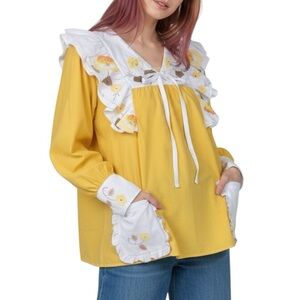 Upcycled VTG Yellow Floral Appliqué Embroidered Ruffle Tunic Cottagecore Boho M